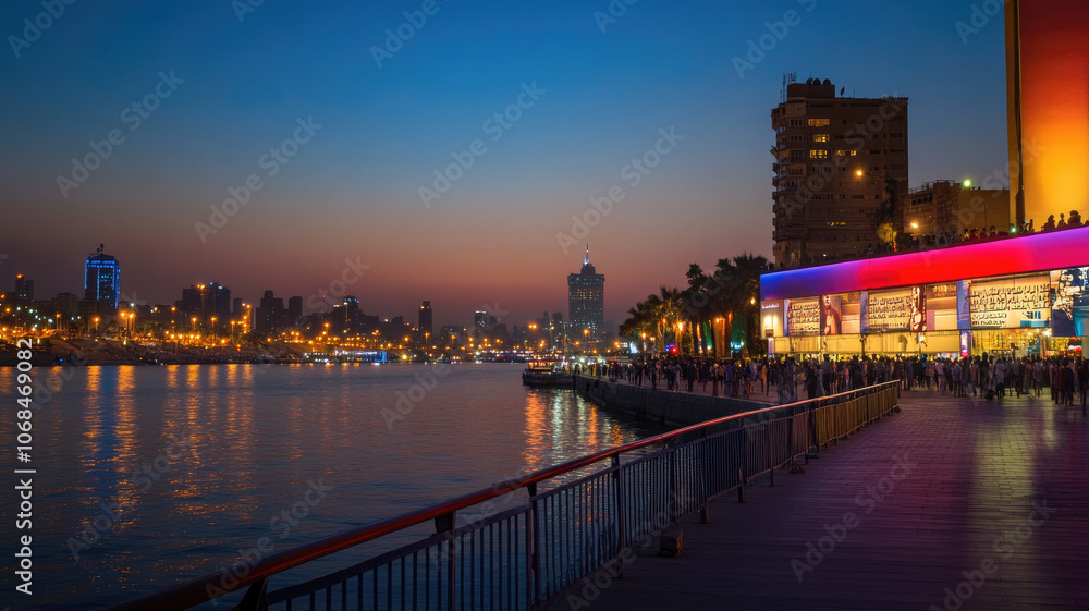 Fototapeta premium Evening cityscape with lit-up walkway by waterfront showing people, building lights, and colorful signs