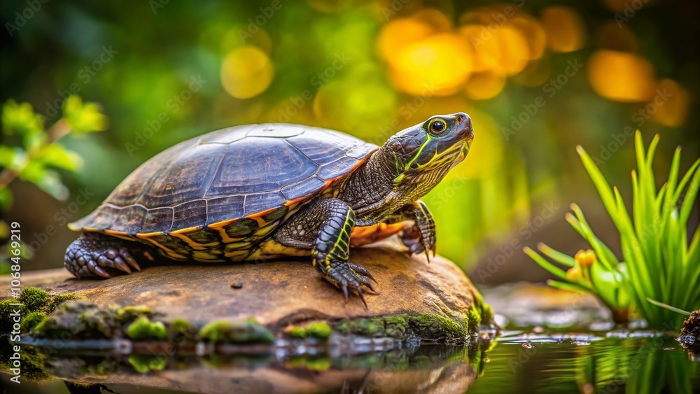 Obraz premium European Pond Turtle Macro Photography on Stone in Park, Nature Close-Up, Wildlife, Emys Orbicularis, Reptile Habitat, Freshwater Ecosystem, Natural Environment, Conservation, Biodiversity