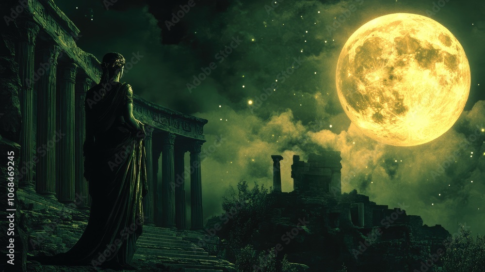 Obraz premium Woman in ancient garb gazes at large full moon amidst classical ruins