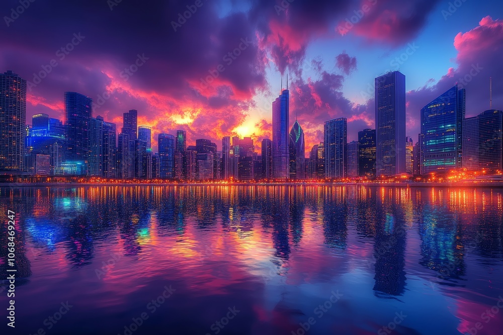 Obraz premium Stunning Cityscape at Dusk: Vibrant Skyscrapers Reflecting in Water Under a Dramatic Sky of Fiery Sunset Hues and Illuminated Urban Lights