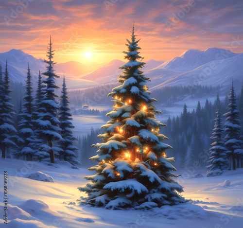 Illustration of crhistmas tree with winter landscape.. photo