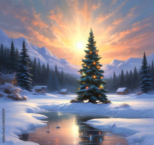 Illustration of crhistmas tree with winter landscape.. photo