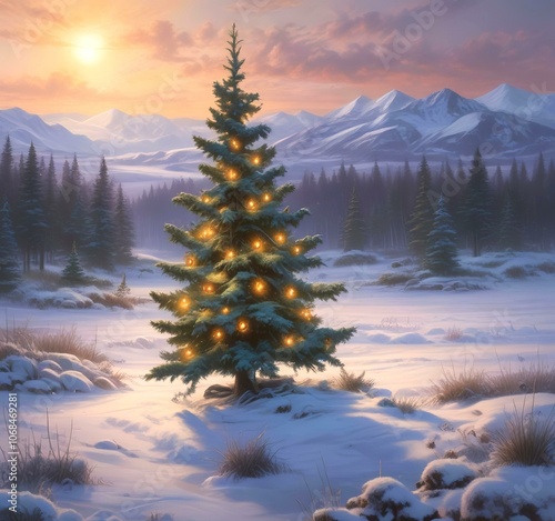 Illustration of crhistmas tree with winter landscape.. photo