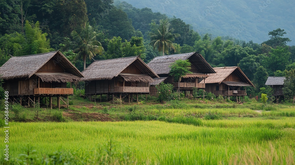 Traditional wooden houses amidst lush green rice fields, surrounded by mountains. Traditional wooden houses amidst lush green rice fields, surrounded by mountains.