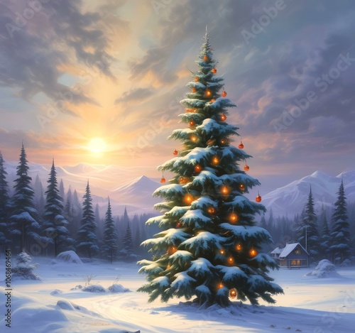 Illustration of crhistmas tree with winter landscape.. photo