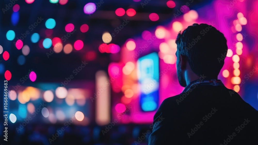 Man in silhouette, colorful lights and bokeh background Man in silhouette, colorful lights and bokeh background