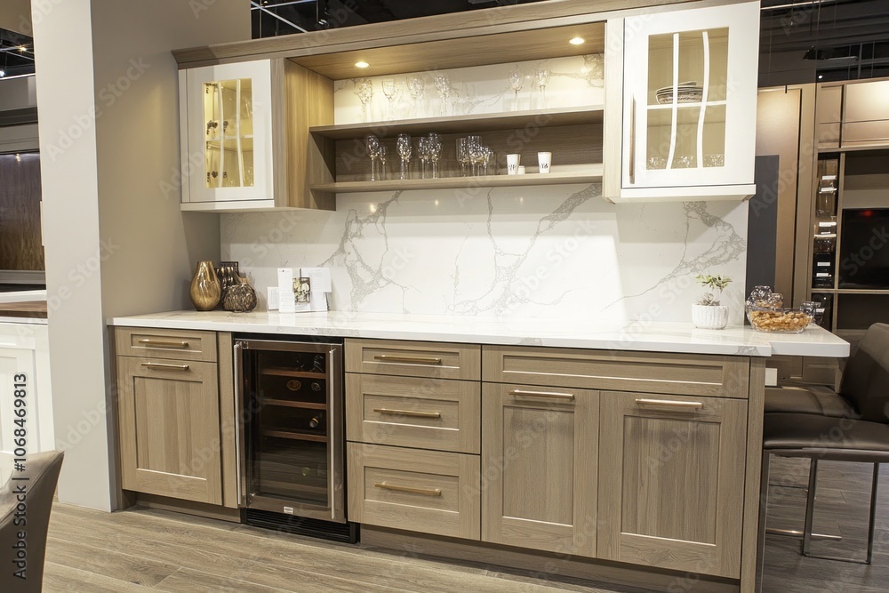 Modern Kitchen Bar with Wine Cooler, Cabinets, and White Marble Backsplash