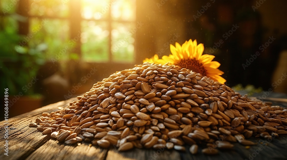 Obraz premium a rustic pile of sunflower seeds arranged artfully on a textured wooden table, evoking a sense of harvest and natural beauty in a warm, inviting atmosphere