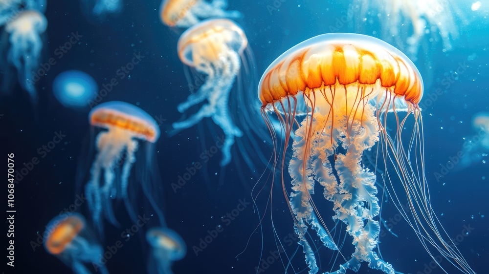 Colorful jellyfish float gracefully in deep blue ocean Colorful jellyfish float gracefully in deep blue ocean