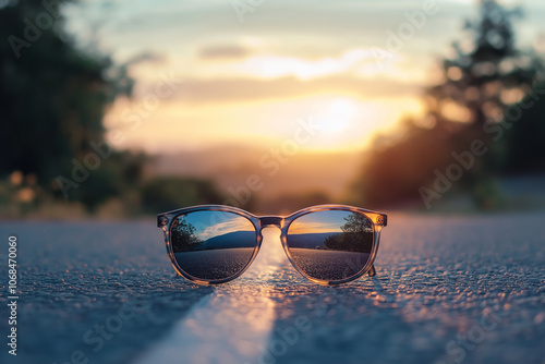 Wallpaper Mural Sunglasses Reflecting a Scenic Sunset View on an Open Road with Warm Lighting. Torontodigital.ca