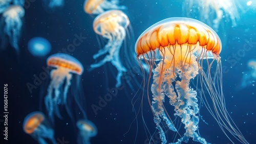 Colorful jellyfish float gracefully in deep blue ocean