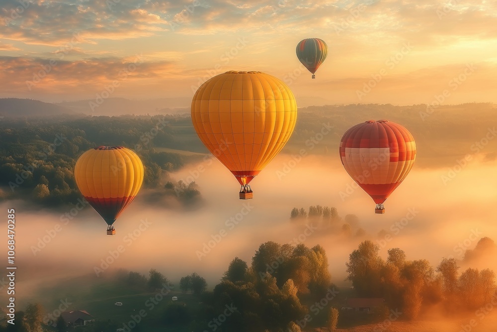 Naklejka premium Majestic Sunrise: A Captivating View of Hot Air Balloons Gliding Over Misty Fields in the Soft Glow of Morning Light