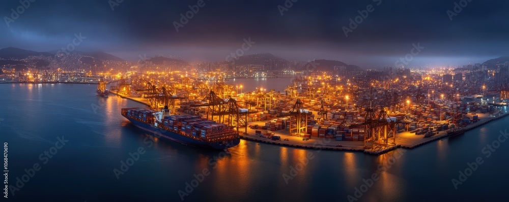 Busy port scene with a cargo ship and stacked containers ready for loading and unloading operations. Busy port scene with a cargo ship and stacked containers ready for loading and unloading operations.