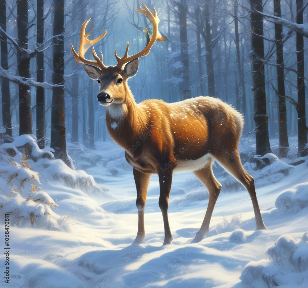 Fototapeta premium Illustration of wild animal in winter forest, brown deer.