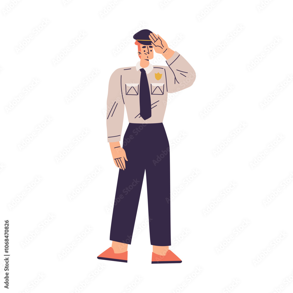 Policeman Character in Uniform with Tie Greeting with Salute Gesture Vector Illustration Policeman Character in Uniform with Tie Greeting with Salute Gesture Vector Illustration