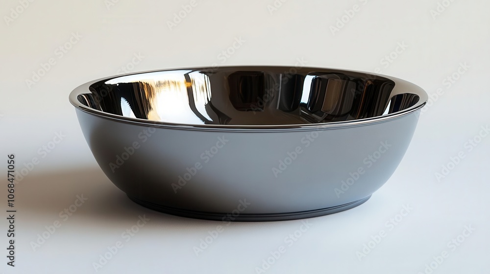 a shiny, silver round food bowl sits empty against a pristine white background, emphasizing its sleek design while highlighting its functionality as a pet accessory for cats and dogs a shiny, silver round food bowl sits empty against a pristine white background, emphasizing its sleek design while highlighting its functionality as a pet accessory for cats and dogs