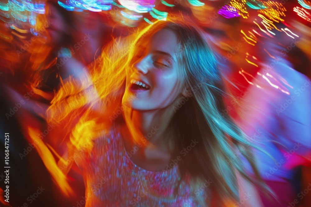 Fototapeta premium Captivating Moments: A Young Woman Dances Joyously Amidst a Colorful, Lively Party Scene Filled with Vibrant Lights and Energy