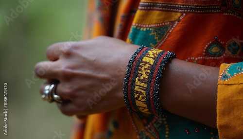 A close up of a hand adorned with colorful bangles wearing an orange embroidered outfit in a natural setting