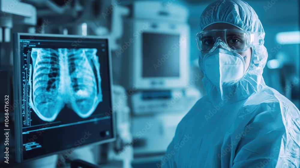 Person in protective gear analyzing lung X-rays medical environment Person in protective gear analyzing lung X-rays medical environment