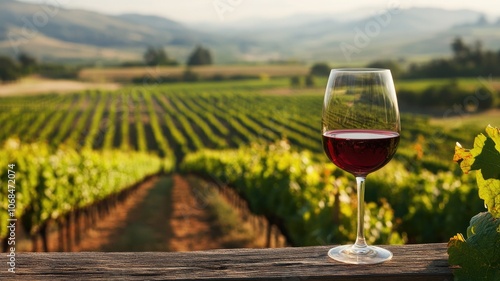 Glass of red wine on wooden ledge overlooking vineyard, hilly countryside in background