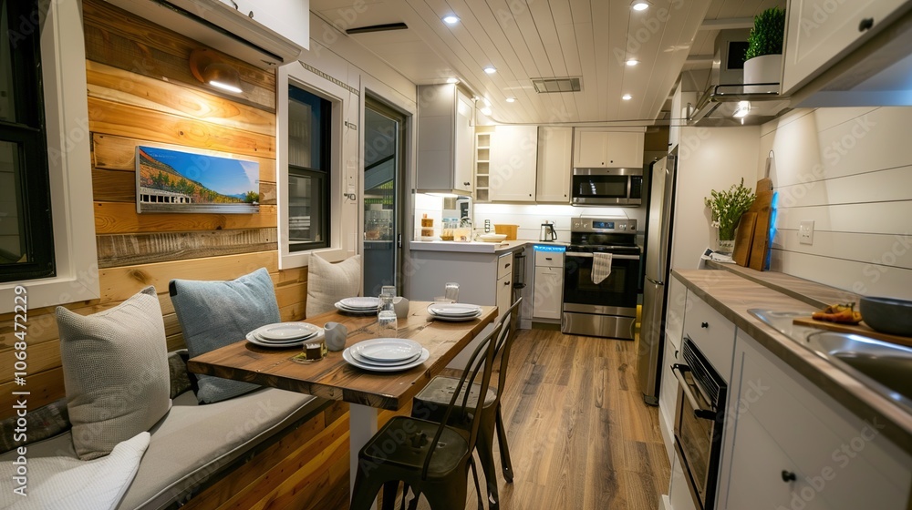 A compact but elegant dining area in a tiny home, showcasing space-efficient furniture and soft lighting for a comfortable dining experience. A compact but elegant dining area in a tiny home, showcasing space-efficient furniture and soft lighting for a comfortable dining experience.