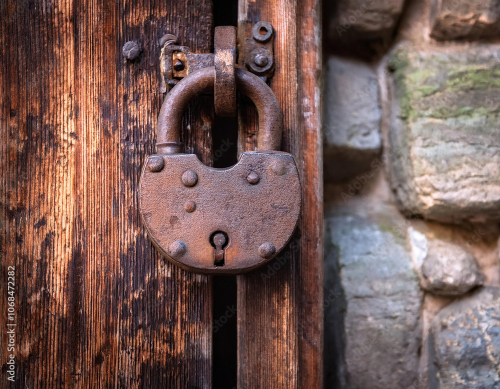 close up view of a rusty padlock on weathered vintage wooden door of an abandoned stone house close up view of a rusty padlock on weathered vintage wooden door of an abandoned stone house
