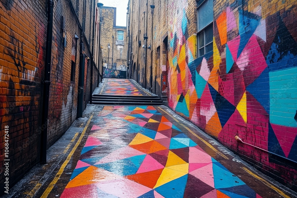 Fototapeta premium Vibrant Urban Artwork: A Colorful Alleyway Transformed by Geometric Murals and a Rainbow-Patterned Pavement for an Artistic City Experience
