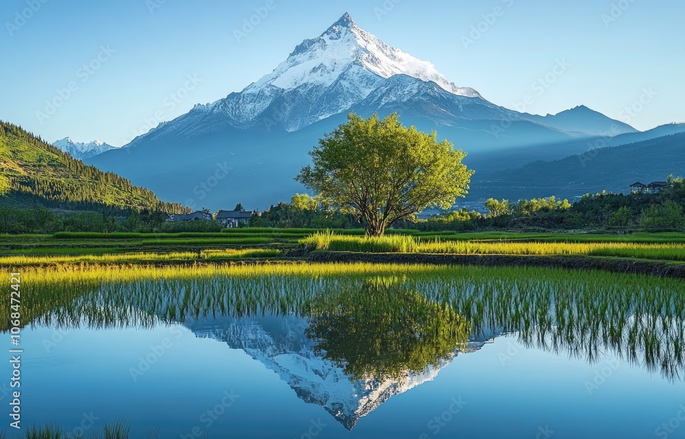The snow-capped mountain peak against the pale blue sky is reflected in the clear water surface, surrounded by green grass and dense marshland on both sides The snow-capped mountain peak against the pale blue sky is reflected in the clear water surface, surrounded by green grass and dense marshland on both sides