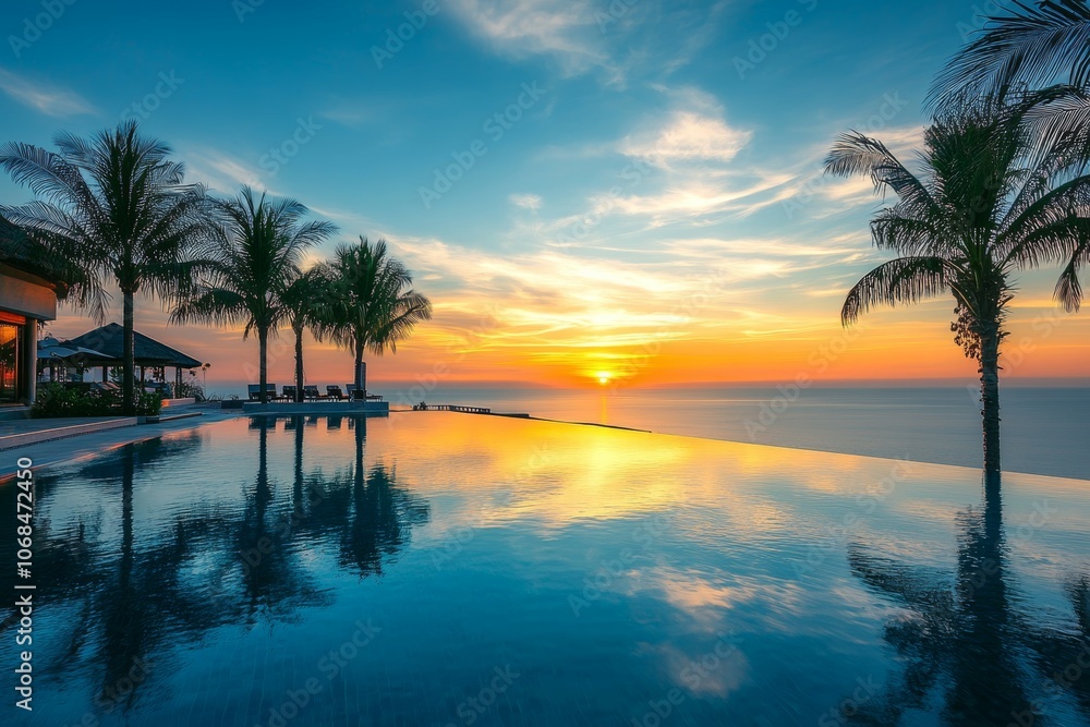 Stunning Sunset Serenity: Breathtaking Views from an Infinity Pool Overlooking the Ocean, Surrounded by Lush Palm Trees and Vibrant Sky Colors Stunning Sunset Serenity: Breathtaking Views from an Infinity Pool Overlooking the Ocean, Surrounded by Lush Palm Trees and Vibrant Sky Colors