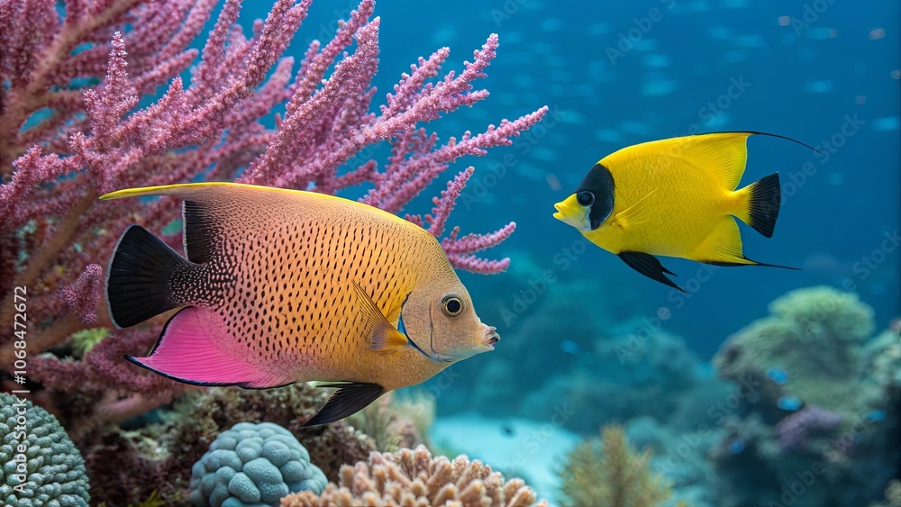 Bright Pink Angelfish Swimming Among Coral Reefs Bright Pink Angelfish Swimming Among Coral Reefs