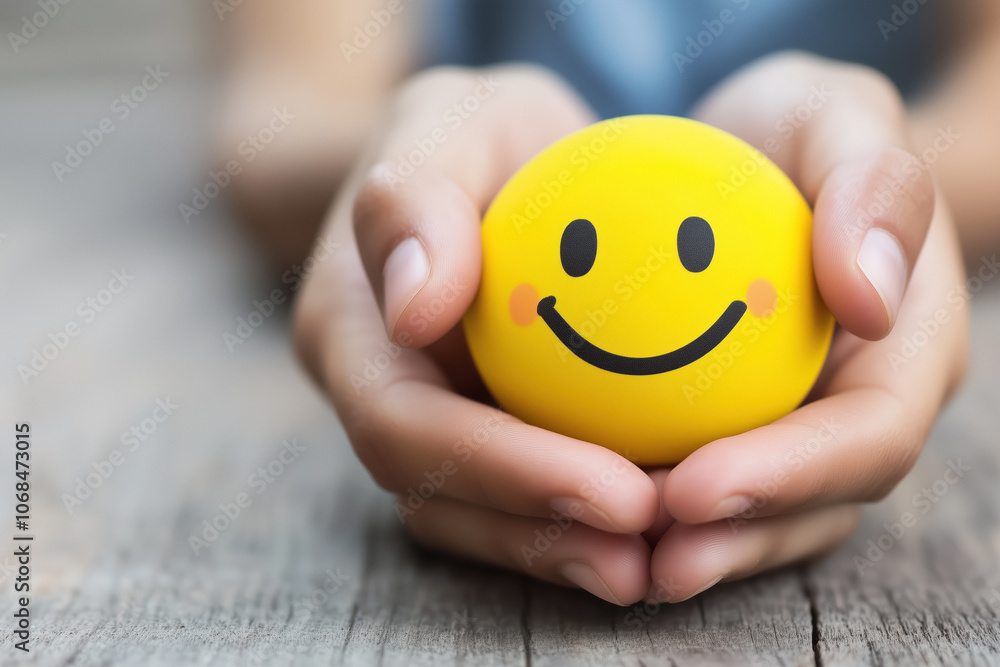 Close-up of hands gently holding a yellow smiley face ball, symbolizing happiness, positivity, and care. Ideal for mental health, encouragement, and support themes. Close-up of hands gently holding a yellow smiley face ball, symbolizing happiness, positivity, and care. Ideal for mental health, encouragement, and support themes.