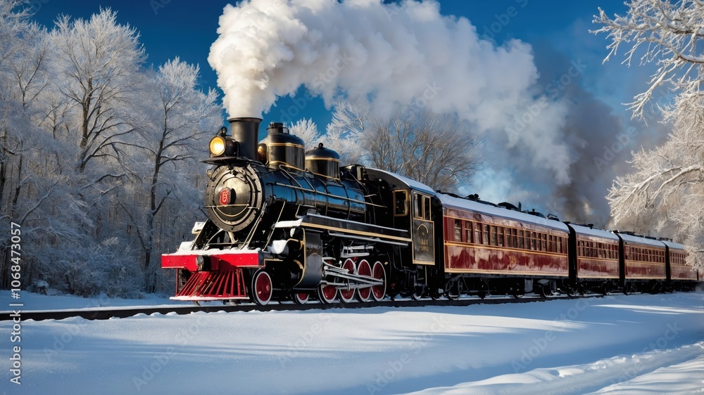 Obraz premium A steam locomotive chugging through a snow-covered forest, releasing puffs of steam, evoking a timeless winter atmosphere