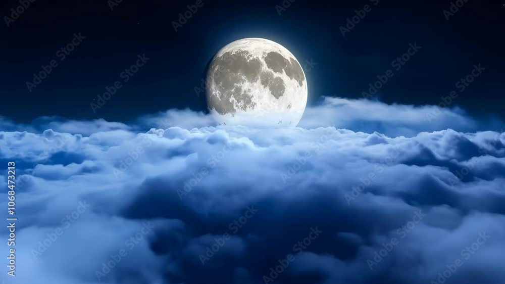 Bright full moon rising above soft clouds in a deep blue night sky, evoking a tranquil and serene atmosphere for nighttime visuals. Bright full moon rising above soft clouds in a deep blue night sky, evoking a tranquil and serene atmosphere for nighttime visuals.