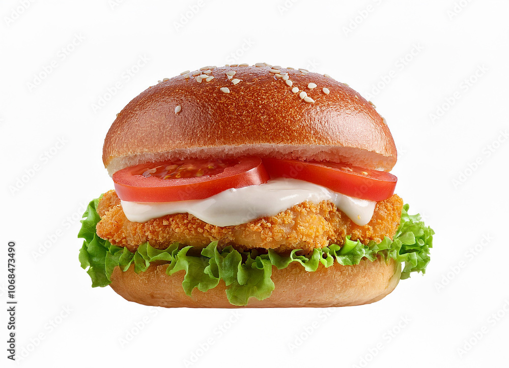 Chicken Burger with Sauce, tomatoes, onion and lettuce on white background. isolated chicken burger Chicken Burger with Sauce, tomatoes, onion and lettuce on white background. isolated chicken burger