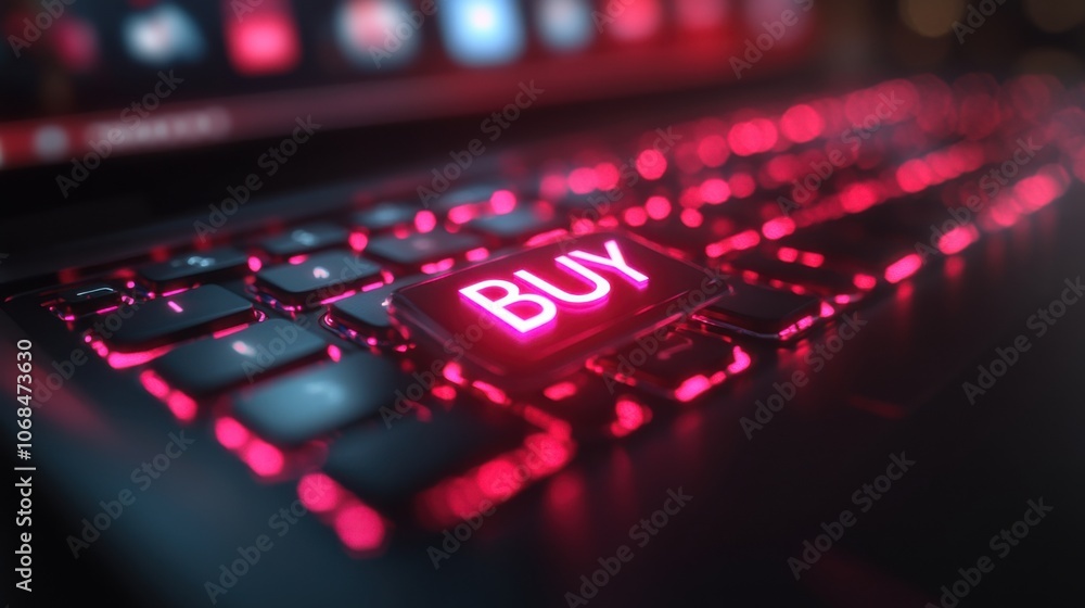 Glowing “buy” button on computer keyboard, online shopping concept, e-commerce technology, illuminated key, internet retail, digital purchase, close-up detail, shopping experience, cyber commerce Glowing “buy” button on computer keyboard, online shopping concept, e-commerce technology, illuminated key, internet retail, digital purchase, close-up detail, shopping experience, cyber commerce