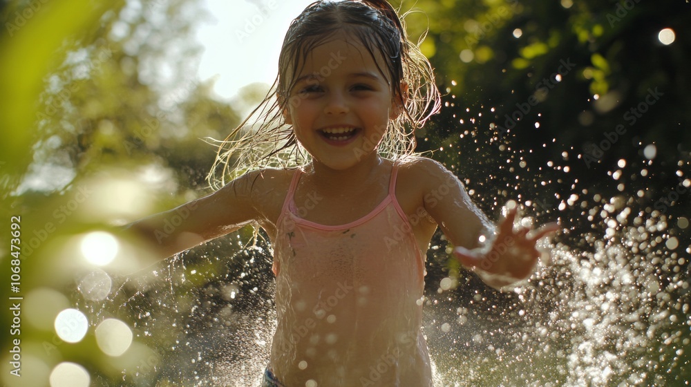 A young girl runs through a garden fountain, delighting in the warm sunlight as water splashes around her. Her laughter fills the air, creating a cheerful atmosphere A young girl runs through a garden fountain, delighting in the warm sunlight as water splashes around her. Her laughter fills the air, creating a cheerful atmosphere