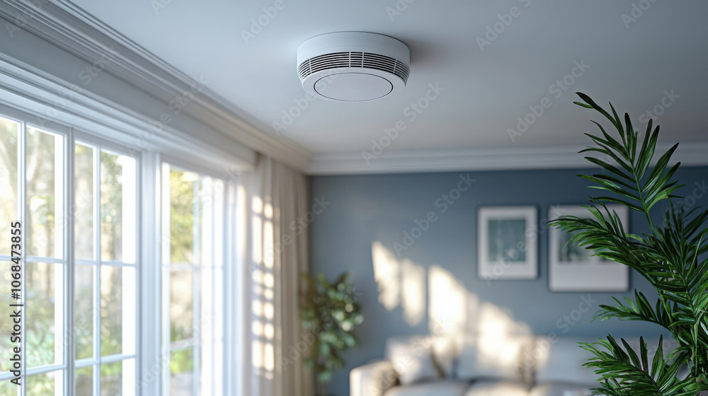 Smoke detector on ceiling in modern living room, white alarm system for home safety, fire protection, security device, cozy interior, bright room, safety equipment Smoke detector on ceiling in modern living room, white alarm system for home safety, fire protection, security device, cozy interior, bright room, safety equipment