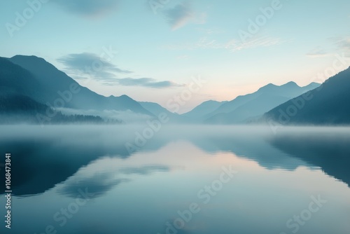 Serene Dawn Reflections: A Tranquil Mountain Lake at Sunrise, Embraced by Mist and Surrounded by Majestic Peaks