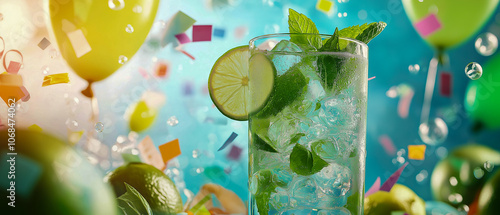 parkling Mojito with Lime and Mint in a Glass, Surrounded by Party Balloons and Confetti for a Festive Celebration photo