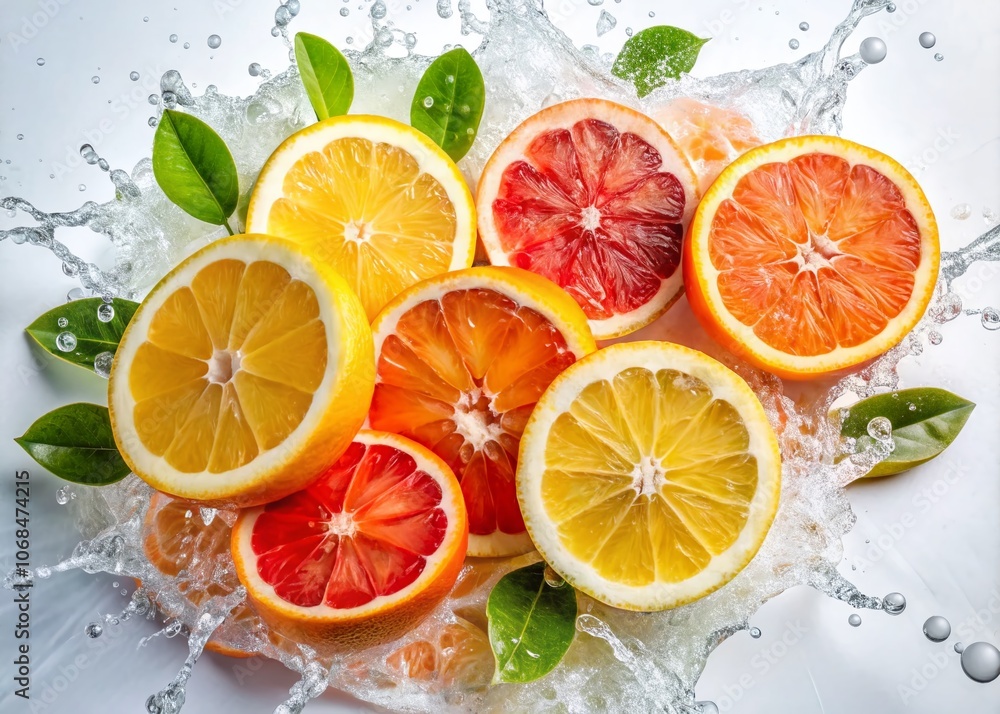Fresh Citrus Delight: Vibrant Slices of Grapefruit and Orange with Water Splash on White Background Fresh Citrus Delight: Vibrant Slices of Grapefruit and Orange with Water Splash on White Background