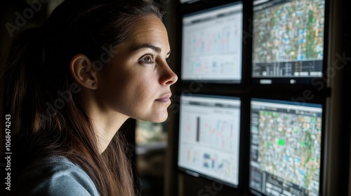 Businesswoman Analyzing Data on Multiple Screens