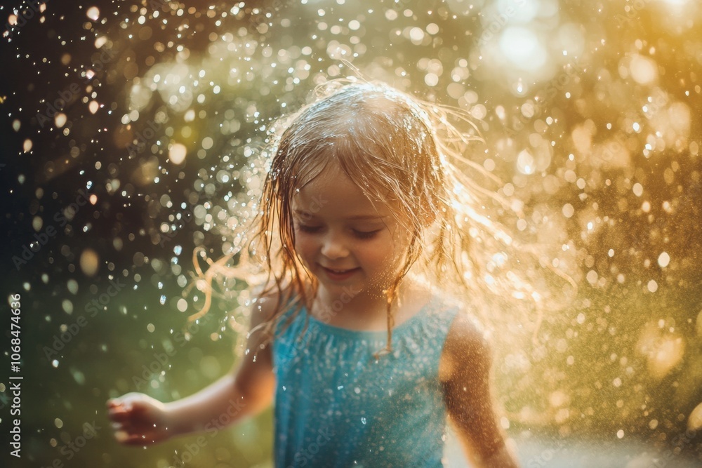 Fototapeta premium A child with wet, flowing hair laughs and twirls as she splashes through water droplets on a warm evening, illuminated by soft sunlight