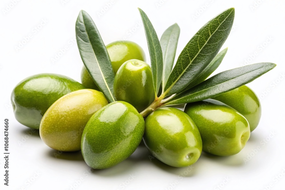 Obraz premium Fresh Green Olives on Branches Isolated on White Background for Culinary and Health Use, Macro Photography of Olive Fruits, Organic Produce, Mediterranean Diet, Healthy Eating