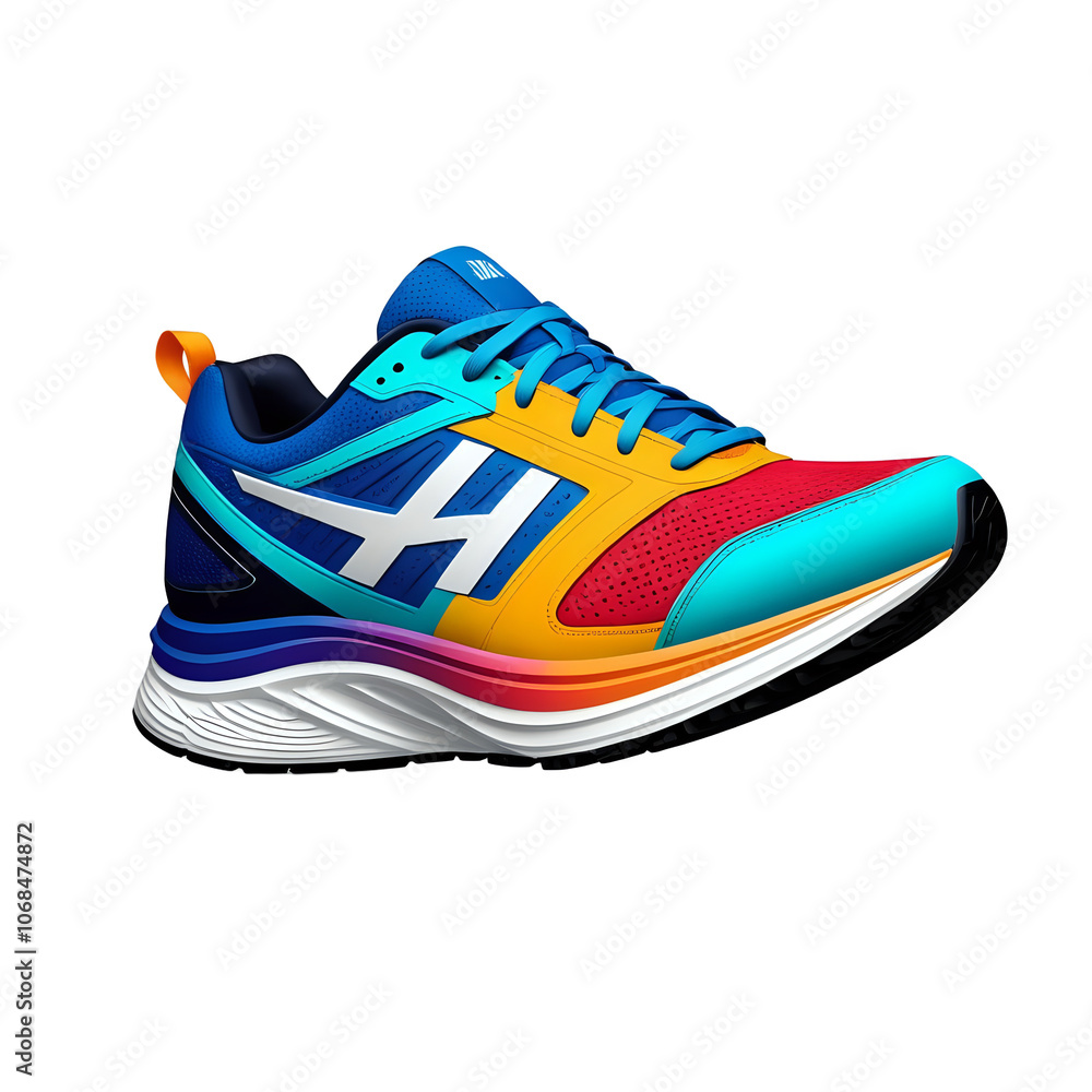 Colorful athletic running shoe with modern design on a clean white background, type PNG file Colorful athletic running shoe with modern design on a clean white background, type PNG file