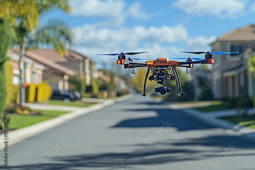 Remote-controlled drone over suburban neighborhood houses. Generative AI photo