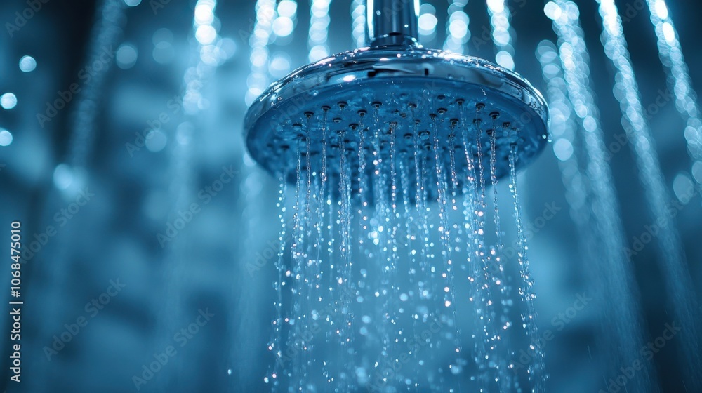Shower head with flowing water, close-up, fresh clean water, modern bathroom fixture, relaxing shower, sparkling droplets, hydration, hygiene, spa-like atmosphere, blue lighting Shower head with flowing water, close-up, fresh clean water, modern bathroom fixture, relaxing shower, sparkling droplets, hydration, hygiene, spa-like atmosphere, blue lighting