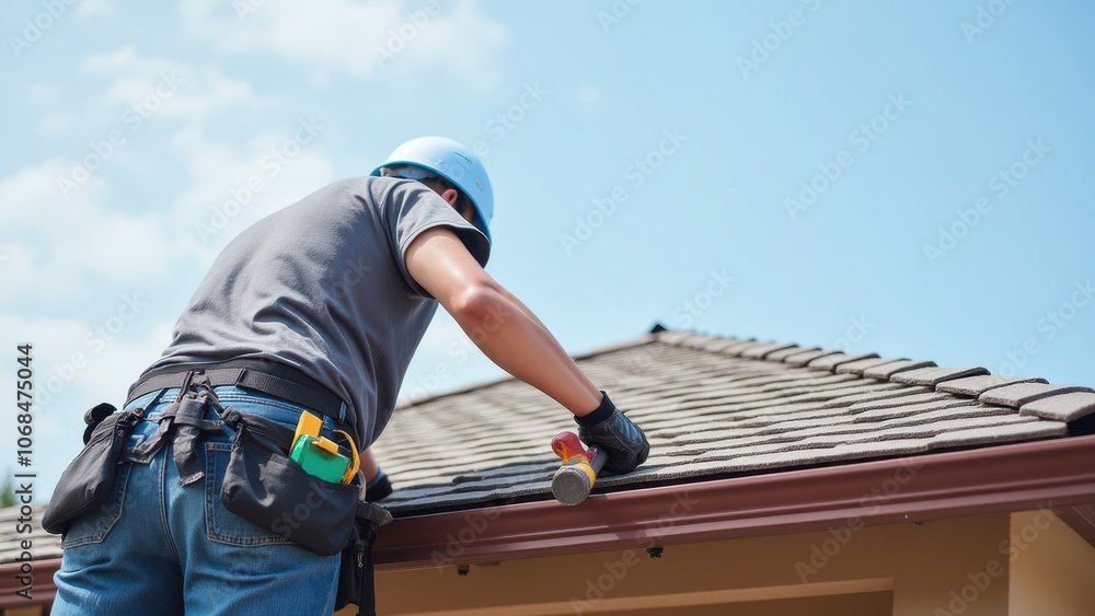 Worker Repairing Roof with Hammer from Back View Worker Repairing Roof with Hammer from Back View