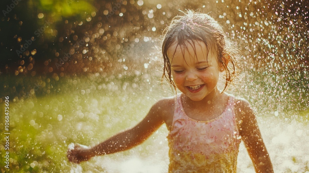 A young girl enjoys a playful moment in the sprinklers, laughing as water sprays around her in a vibrant outdoor setting on a bright summer afternoon A young girl enjoys a playful moment in the sprinklers, laughing as water sprays around her in a vibrant outdoor setting on a bright summer afternoon