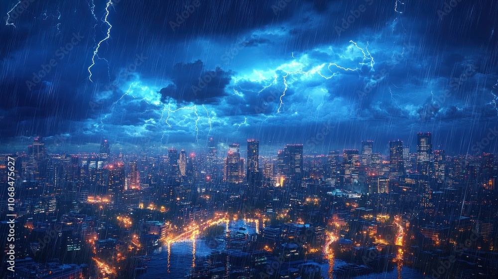 Obraz premium Lightning Storm Over Cityscape