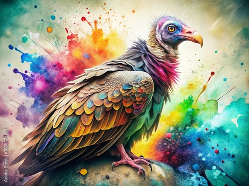 Watercolor Abstract Vulture: Captivating Fashion Photography with Paint Splatter and Drip Effects, Showcasing Vibrant Colors and Artistic Expression in a Unique Style photo